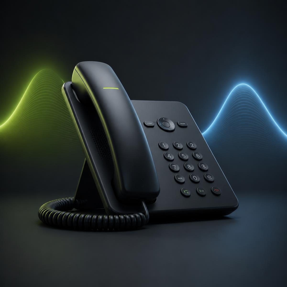 Modern VoIP desk phone with glowing sound waves
